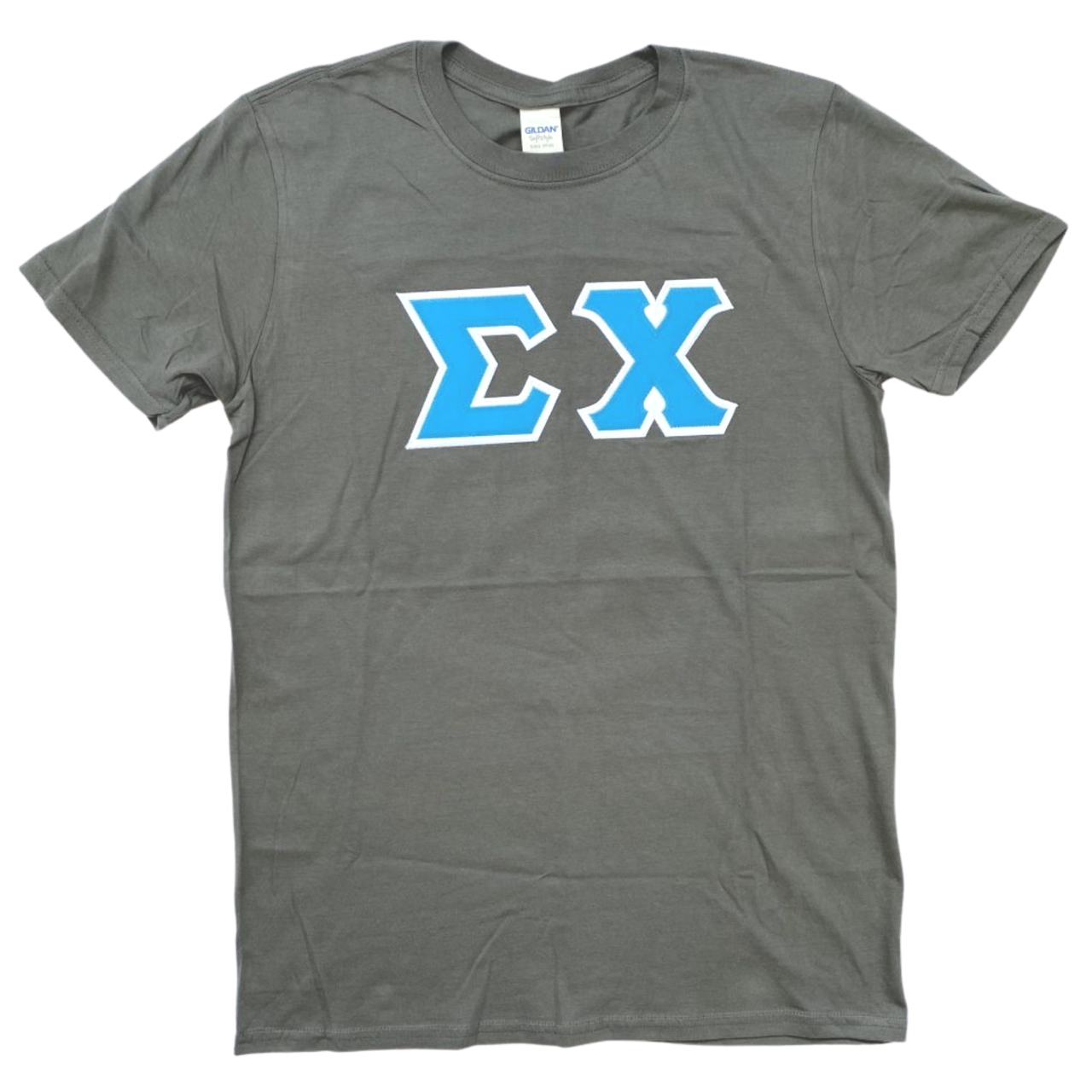 Sigma Chi Stitched Letter T-Shirt | Charcoal | Cyan with White Border
