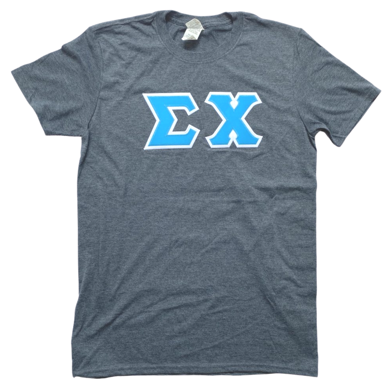 Sigma Chi Stitched Letter T-Shirt | Dark Heather | Cyan with White Border