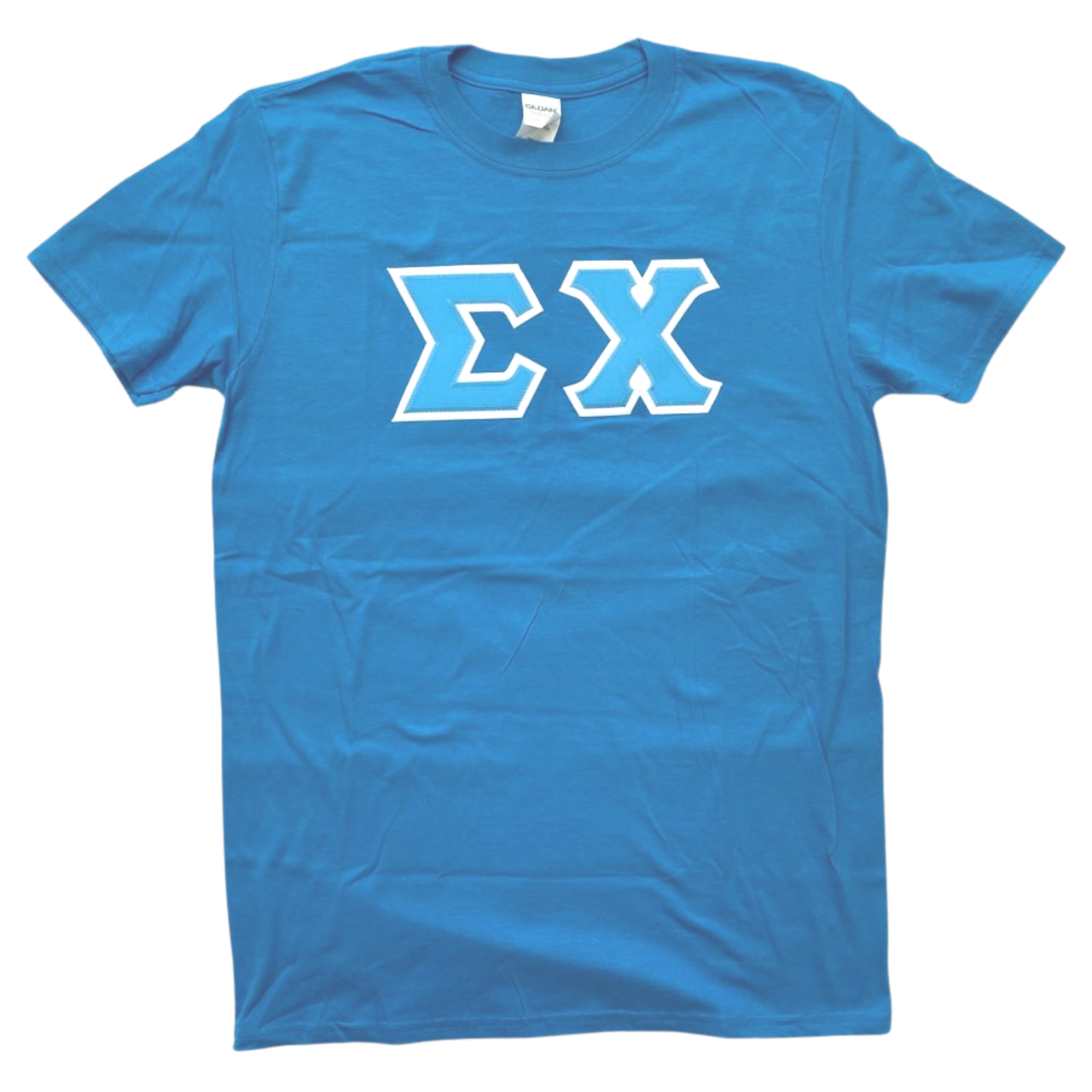 Sigma Chi Stitched Letter T-Shirt | Sapphire | Cyan with White Border