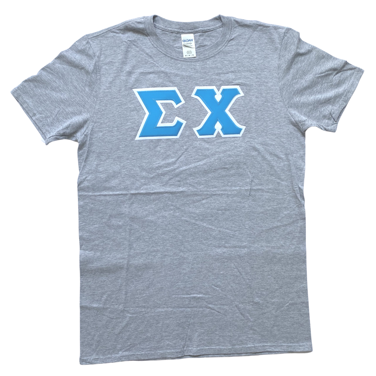 Sigma Chi Stitched Letter T-Shirt | Sport Grey | Cyan with White Border