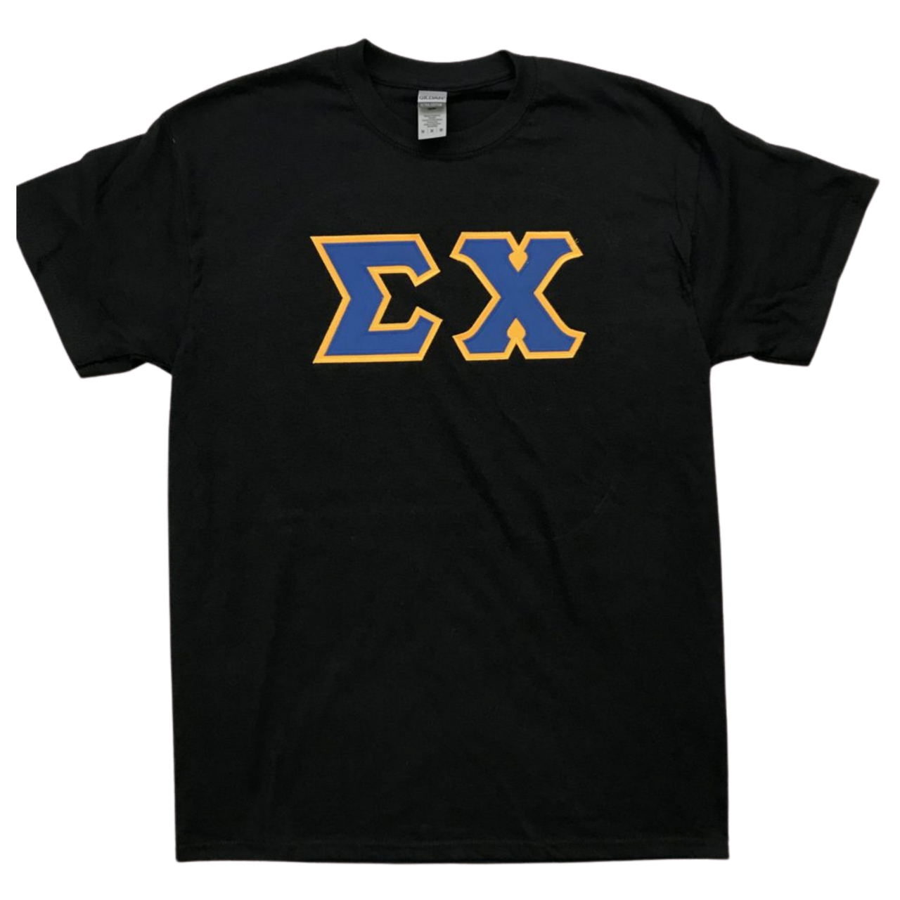 Sigma Chi Stitched Letter T-Shirt | Black | Dark Royal with Gold Border