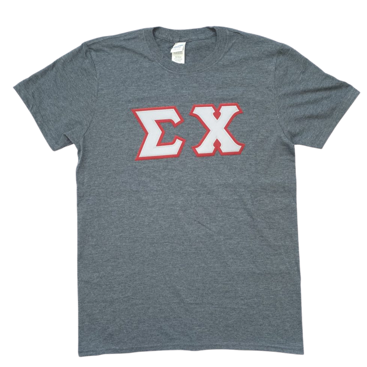 Sigma Chi Stitched Letter T-Shirt | Dark Heather | Gray with Burgundy Border