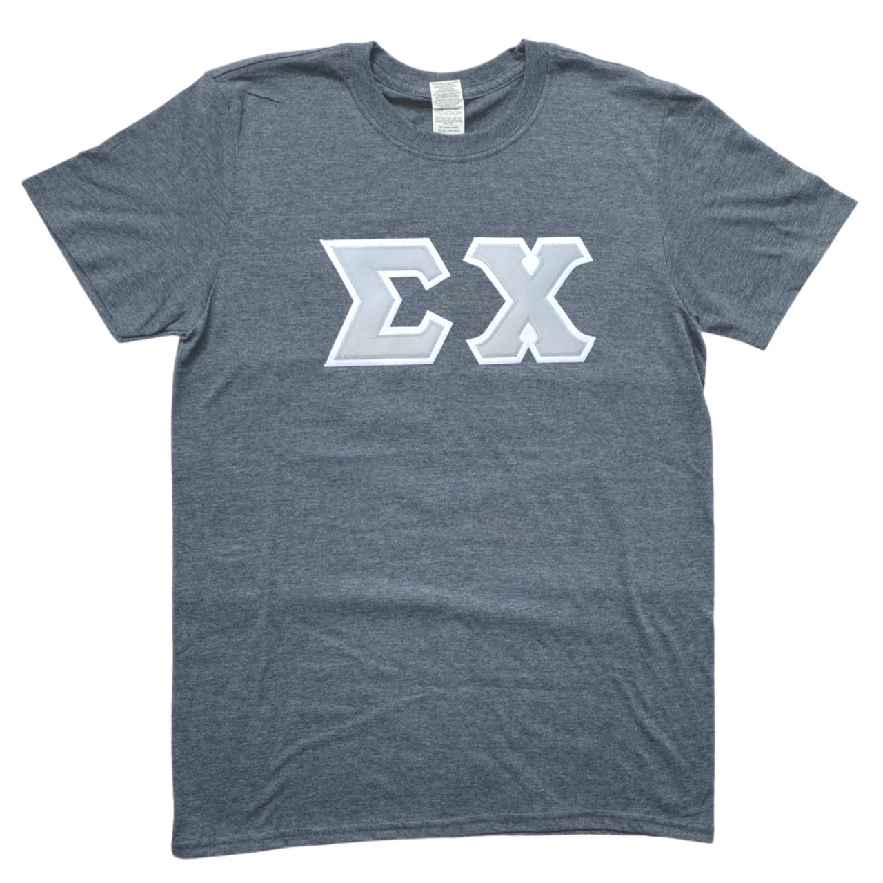 Sigma Chi Stitched Letter T-Shirt | Dark Heather | Gray with White Border