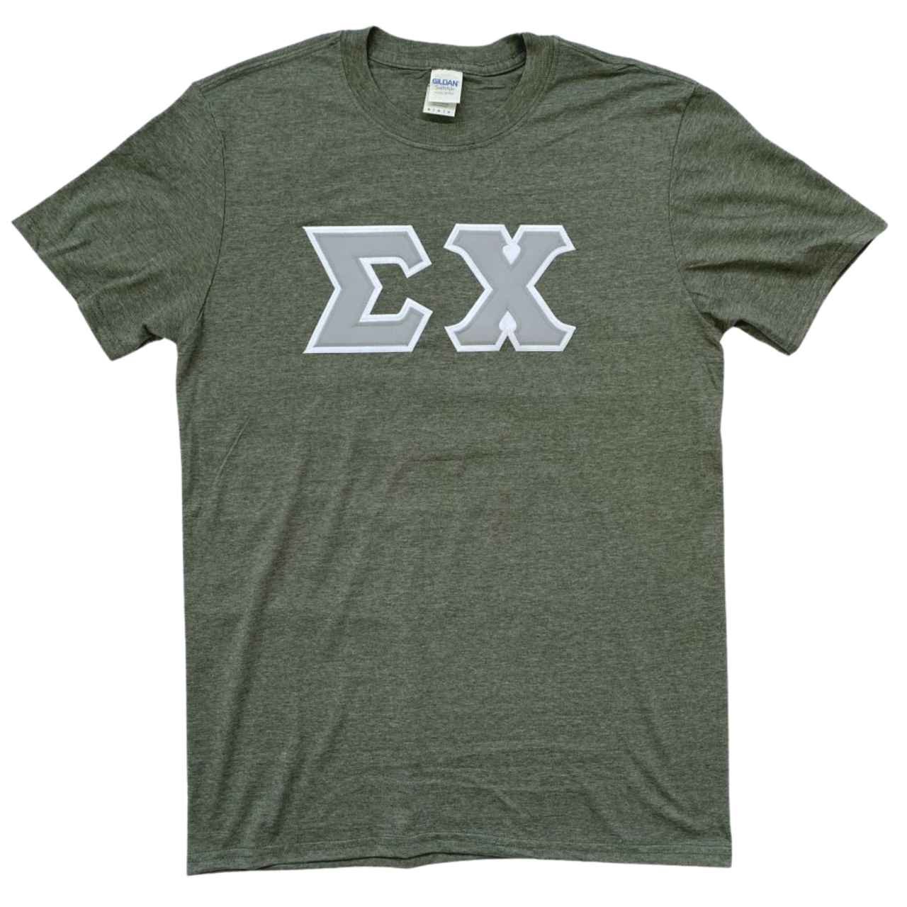 Sigma Chi Stitched Letter T-Shirt | Heather Military Green | Gray with White Border