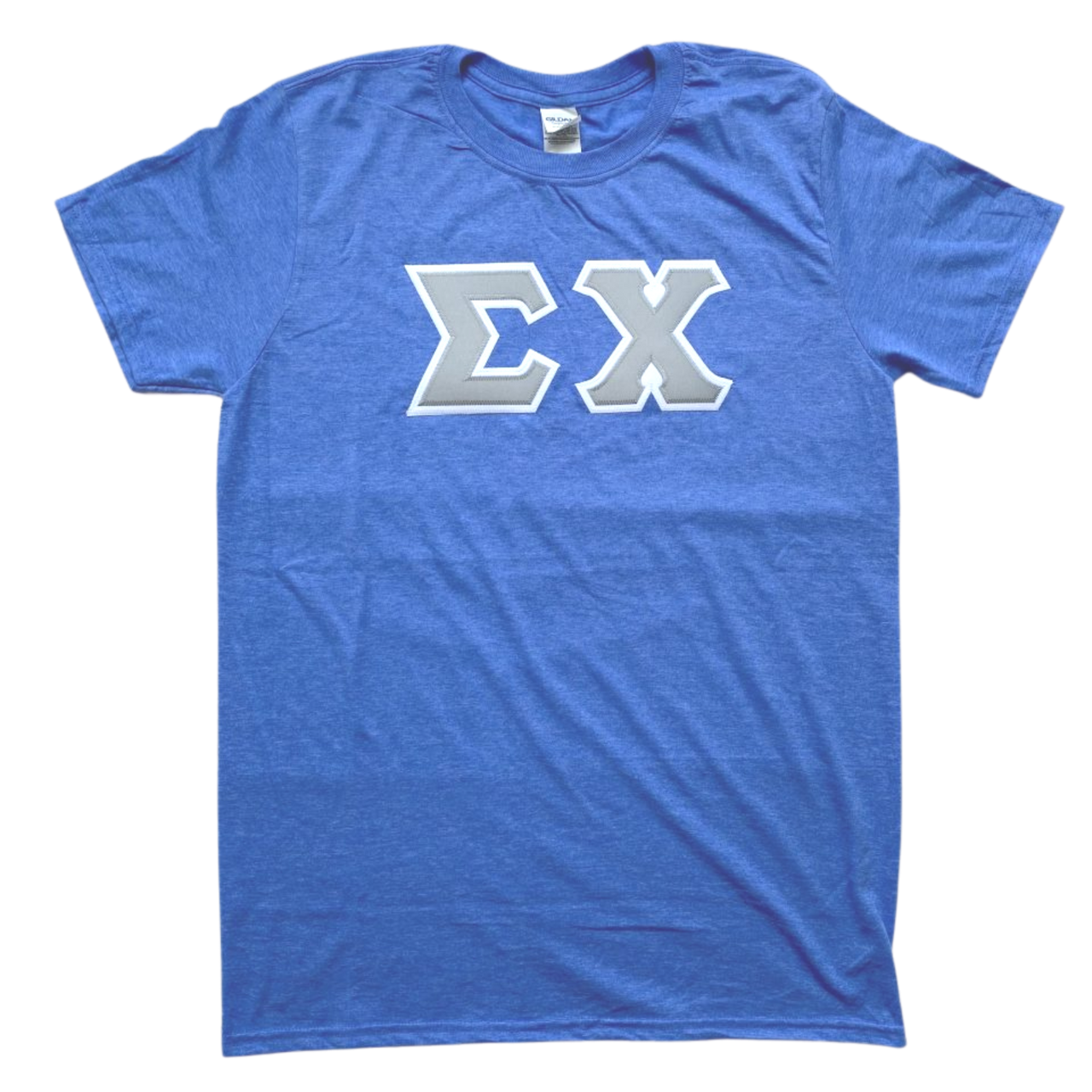 Sigma Chi Stitched Letter T-Shirt | Heather Royal | Gray with White Border