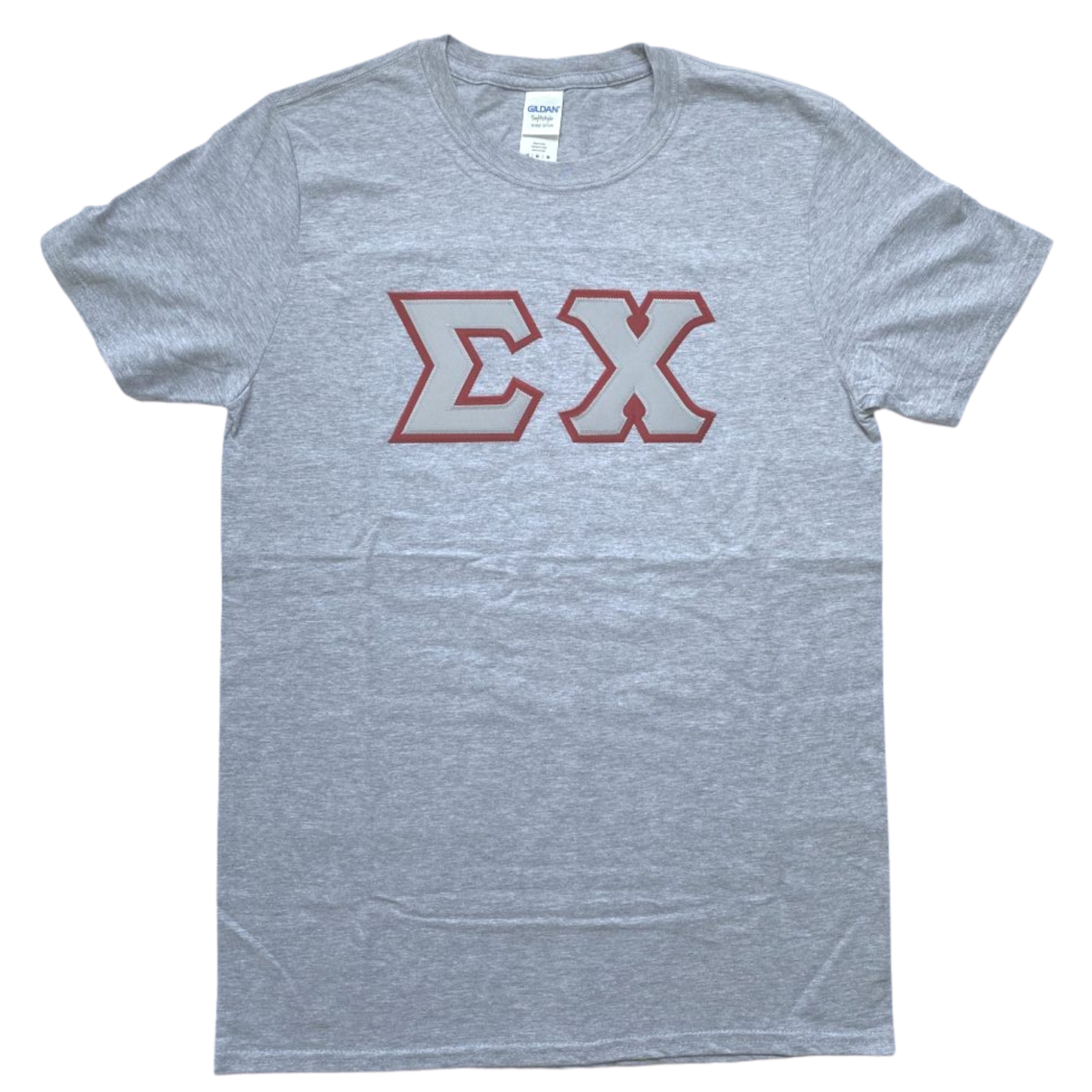 Sigma Chi Stitched Letter T-Shirt | Sport Grey | Gray with Burgundy Border