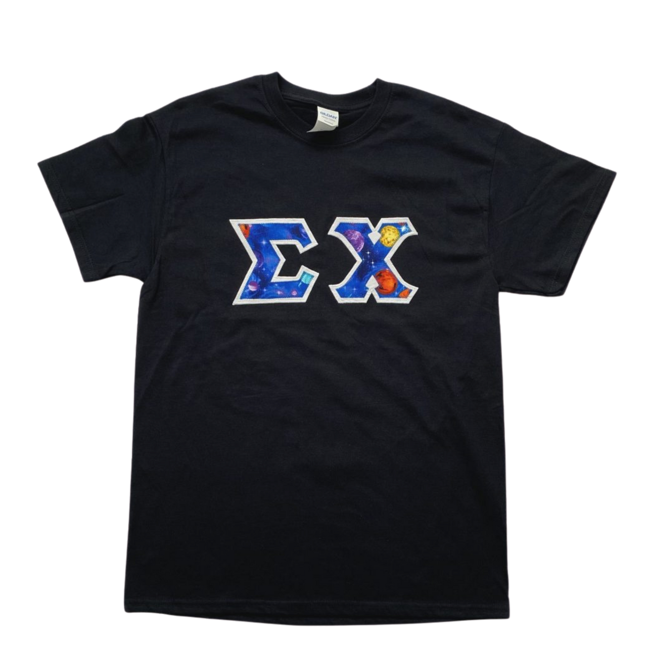 Sigma Chi Stitched Letter T-Shirt | Black | Space One with White Border