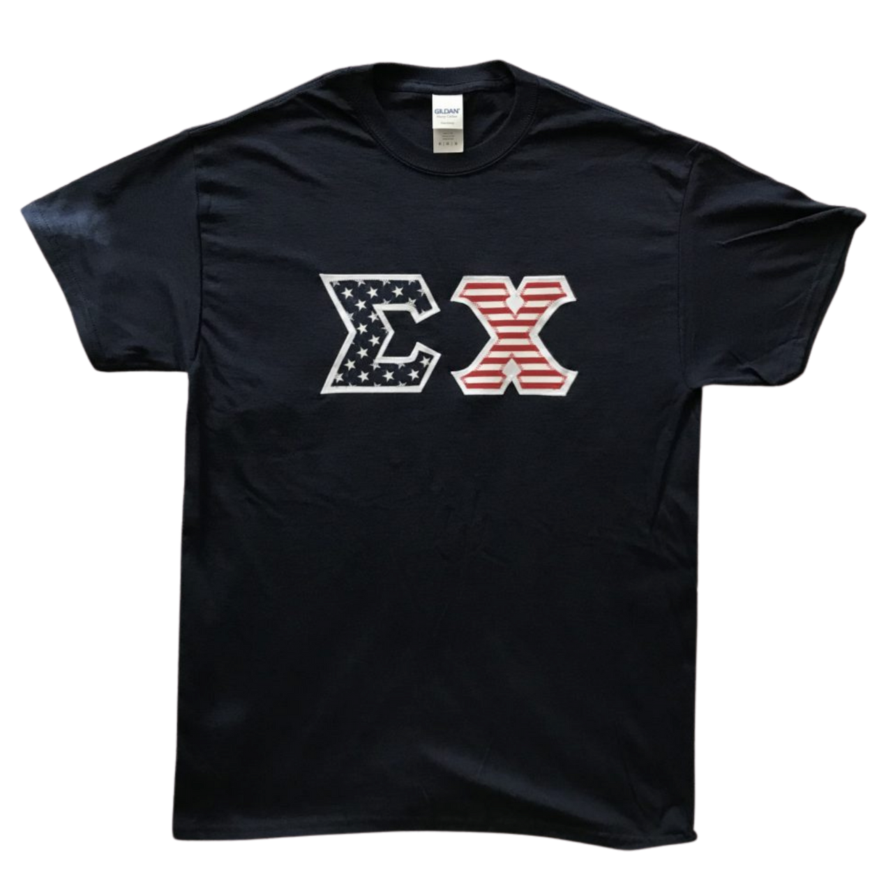 Sigma Chi Stitched Letter T-Shirt | Navy | American Flag with White Border
