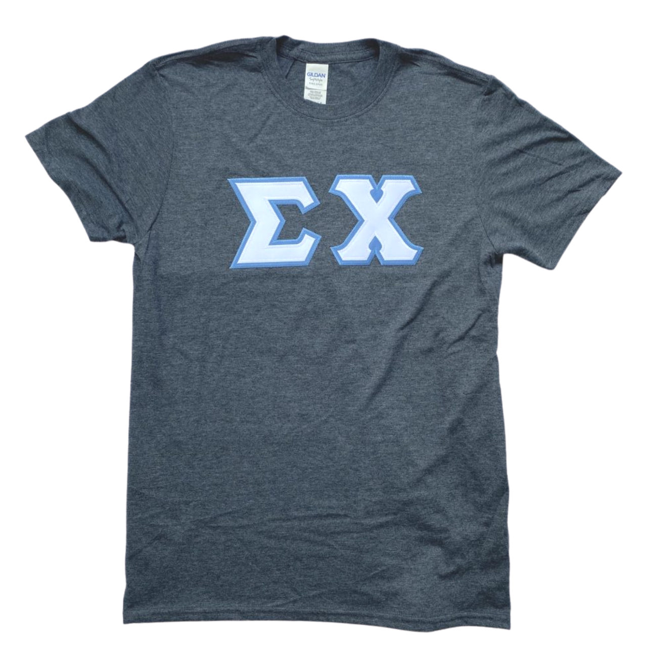 Sigma Chi Stitched Letter T-Shirt | Dark Heather | White with Columbia Blue Border