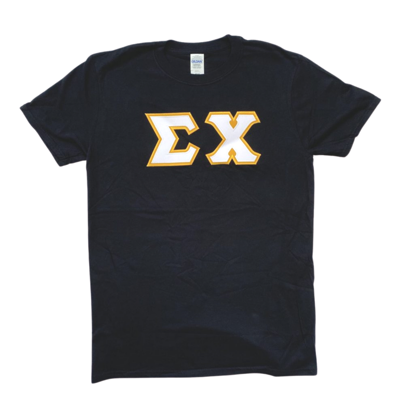 Sigma Chi Stitched Letter T-Shirt | Black | White with Gold Border