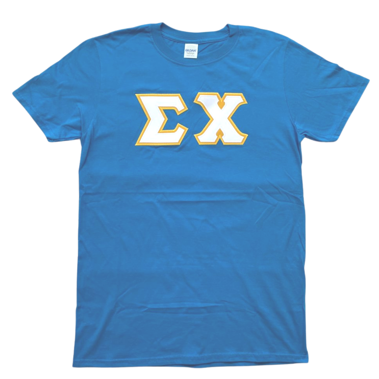 Sigma Chi Stitched Letter T-Shirt | Sapphire | White with Gold Border
