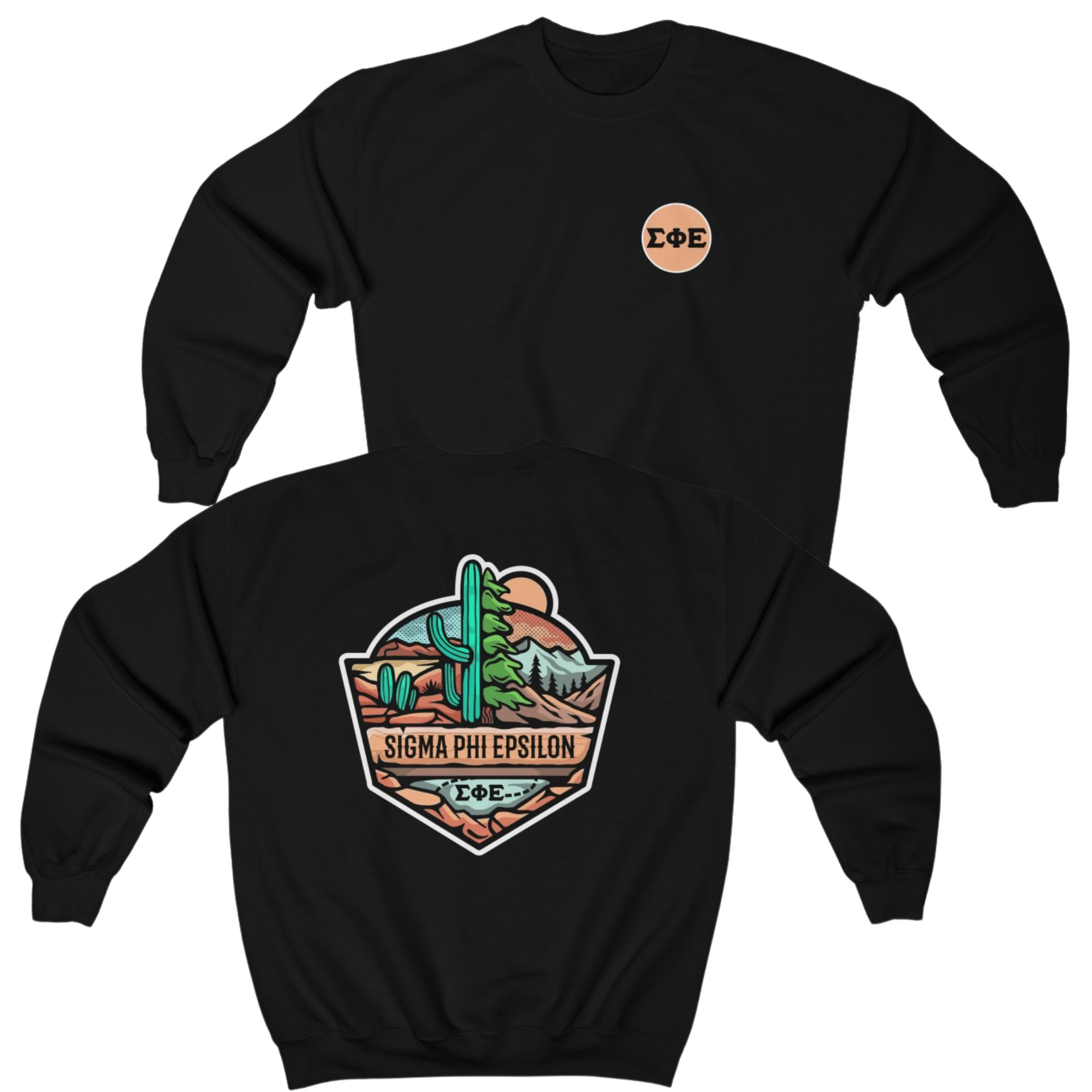 Black Sigma Phi Epsilon Graphic Crewneck Sweatshirt | Desert Mountains | SigEp Clothing - Campus Apparel