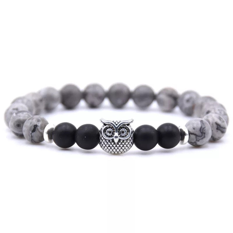 Owl Bracelet - Black and Gray Stones