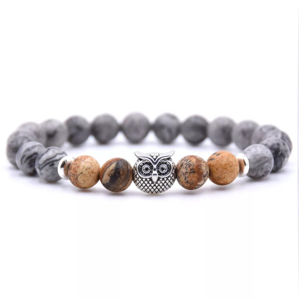 Owl Bracelet - Light Brown and Gray Stones