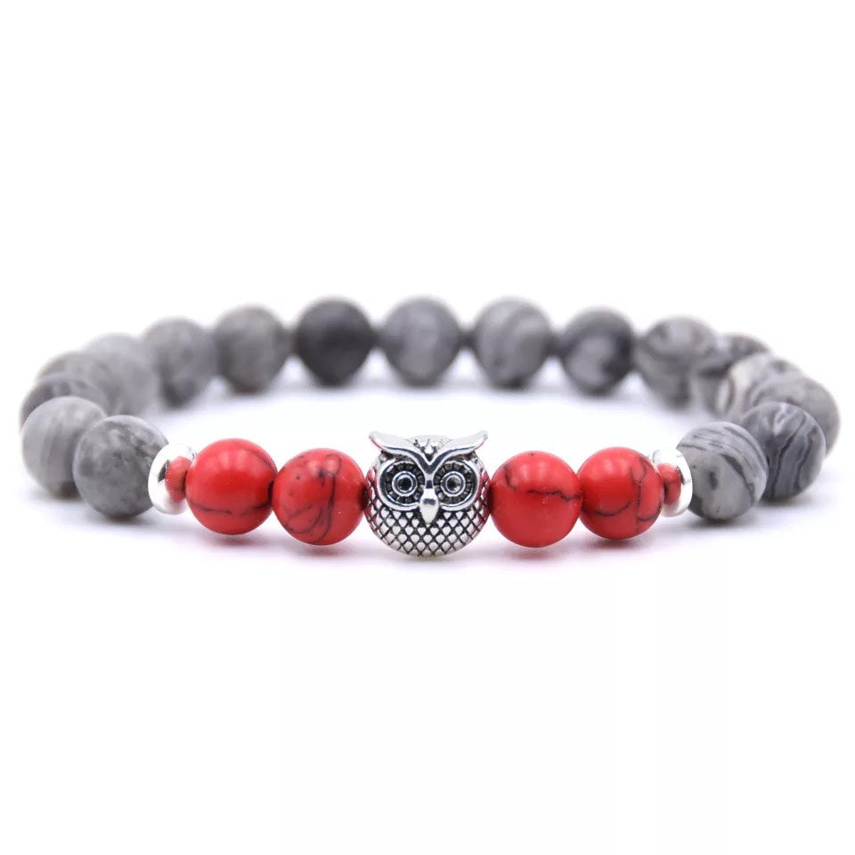 Owl Bracelet - Red and Gray Stones