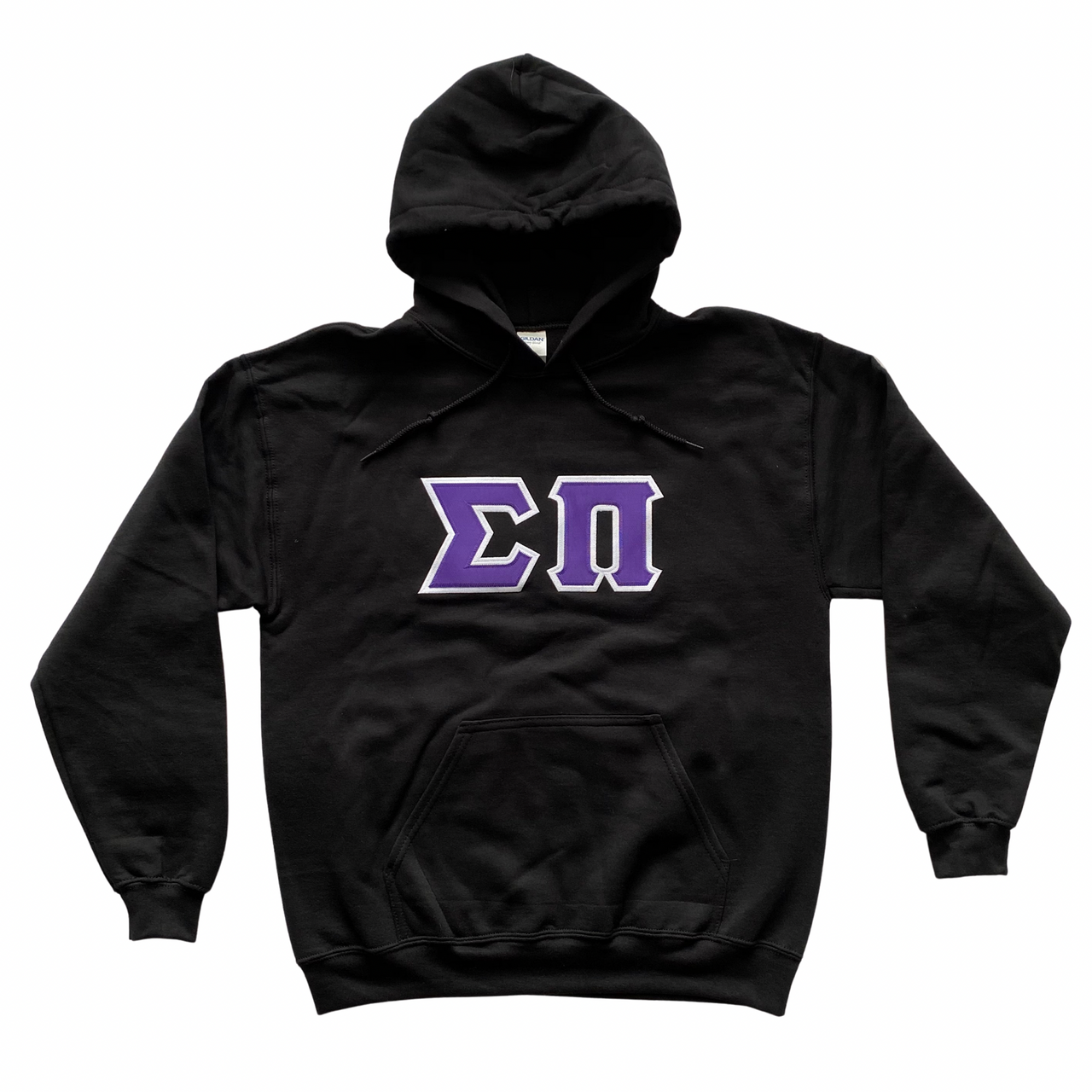 Sigma Pi Stitched Letter Hoodie | Black | Purple with White Border