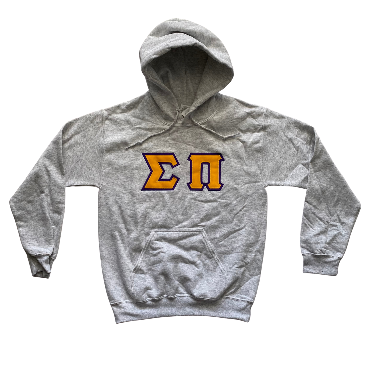 Sigma Pi Stitched Letter Hoodie | Ash | Gold with Purple Border