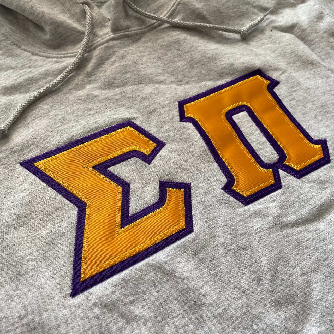 Sigma Pi Stitched Letter Hoodie | Ash | Gold with Purple Border