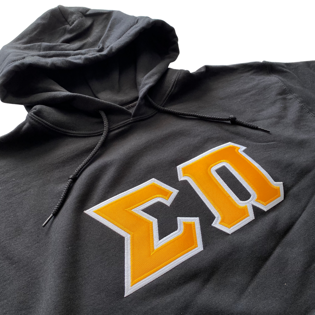 Sigma Pi Stitched Letter Hoodie | Black | Gold with White Border