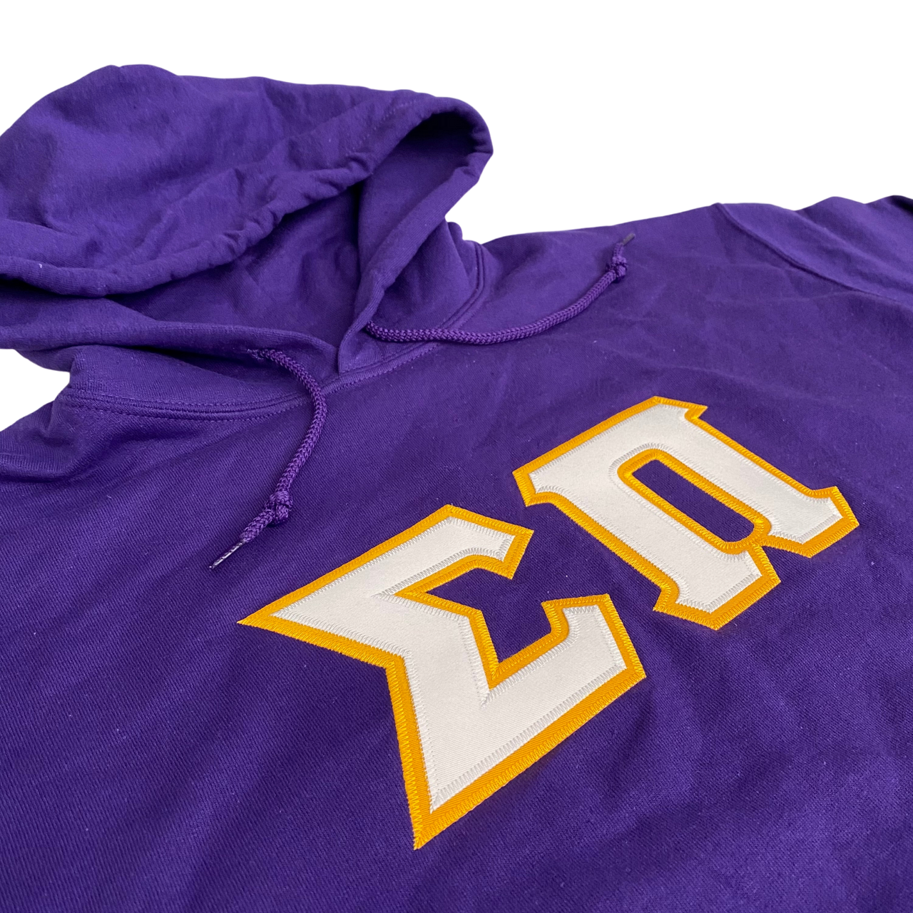 Sigma Pi Stitched Letter Hoodie | Purple | White with Gold Border