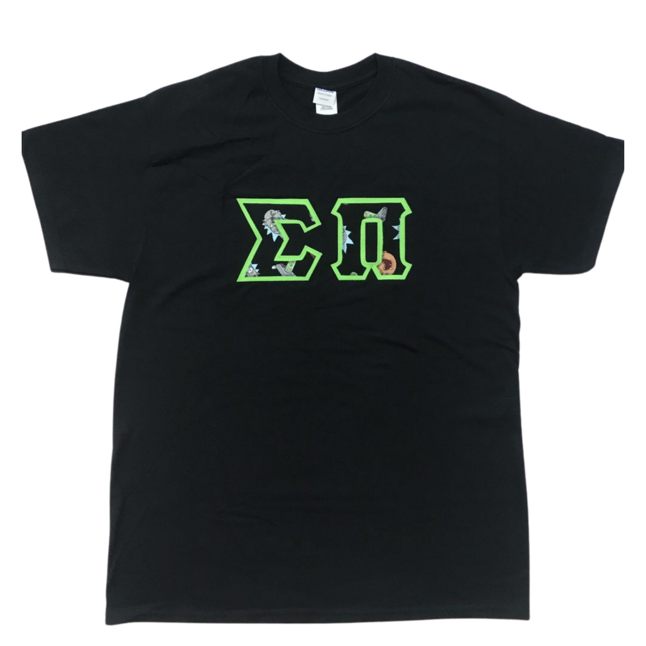 Sigma Pi Stitched Letter T-Shirt | Rick and Morty with Neon Green Border