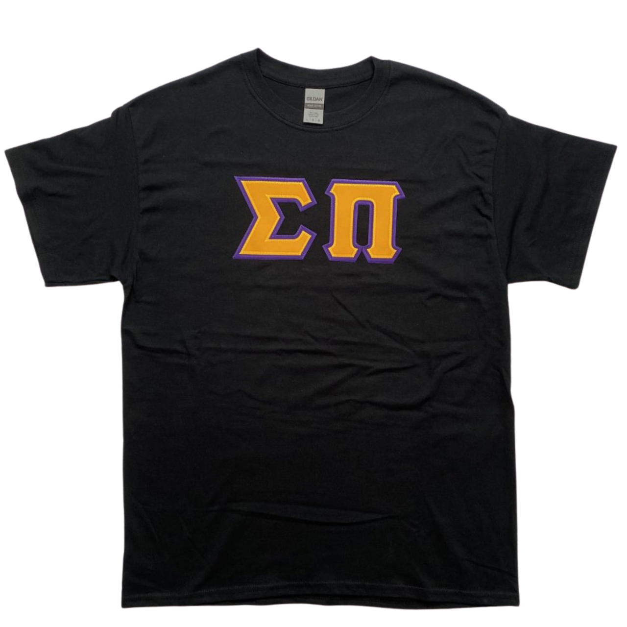 Sigma Pi Stitched Letter T-Shirt | Gold Letters with Purple Border