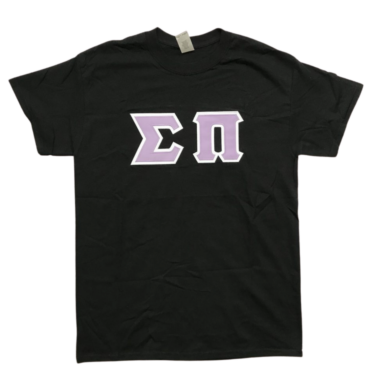 Sigma Pi Stitched Letter T-Shirt | Lavender Letters with a White Border
