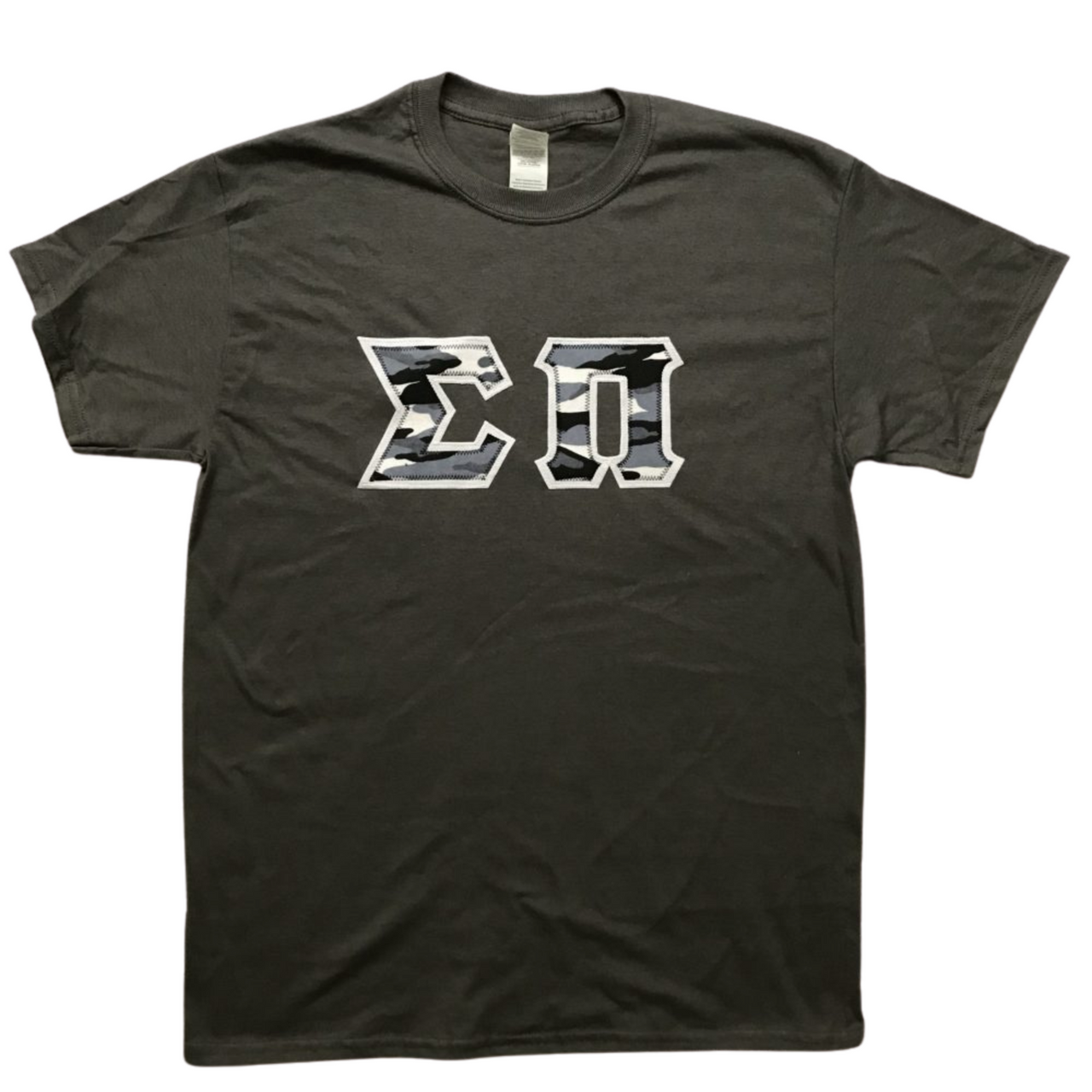 Sigma Pi Stitched Letter T-Shirt | Winter Camo
