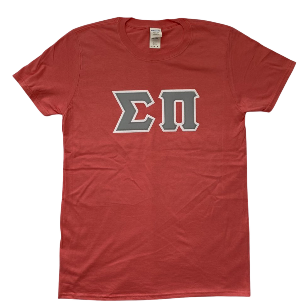 Sigma Pi Stitched Letter T-Shirt | Coral Silk | Gray Letters with White Border