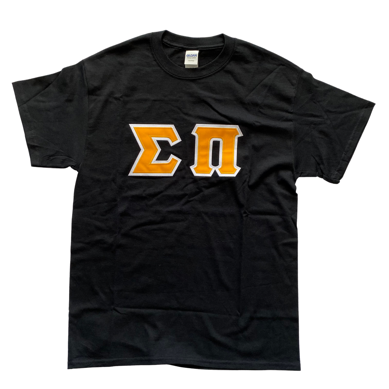 Sigma Pi Stitched Letter T-Shirt | Gold Letters with White Border