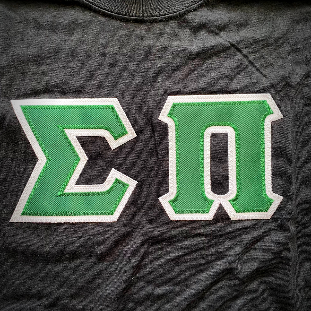 Sigma Pi Stitched Letter T-Shirt | Green with White Border