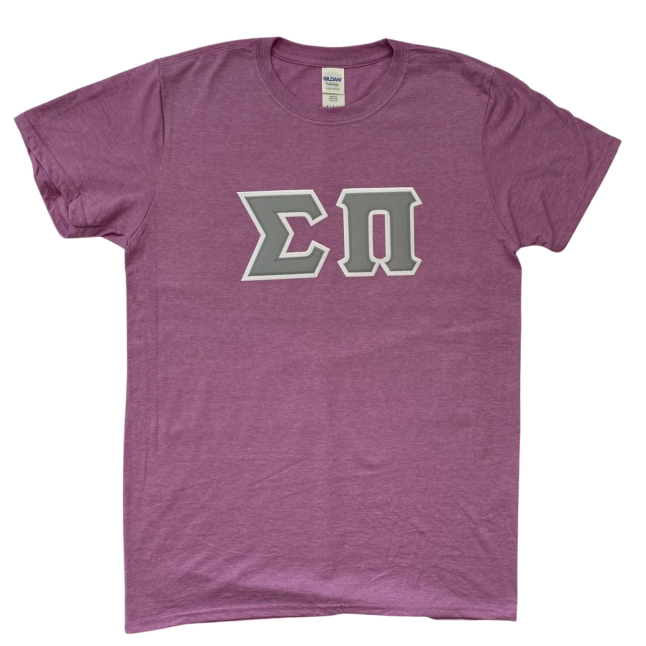 Sigma Pi Stitched Letter T-Shirt | Heather Orchid | Gray Letters with White Border