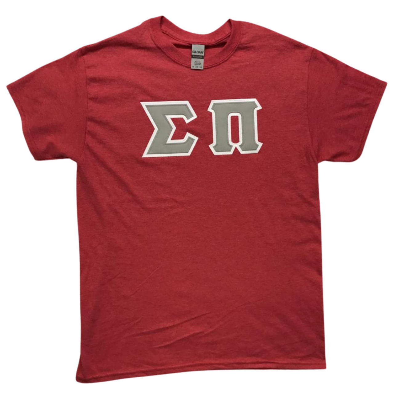 Sigma Pi Stitched Letter T-Shirt | Heather Red | Gray Letters with White Border