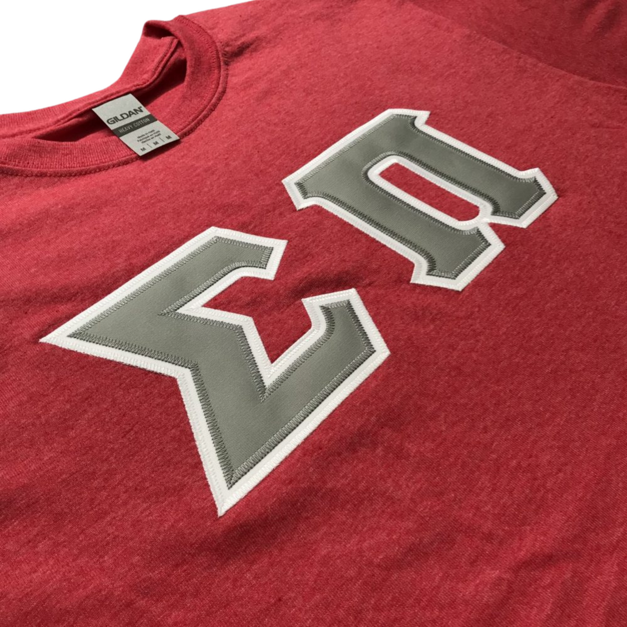 Sigma Pi Stitched Letter T-Shirt | Heather Red | Gray Letters with White Border