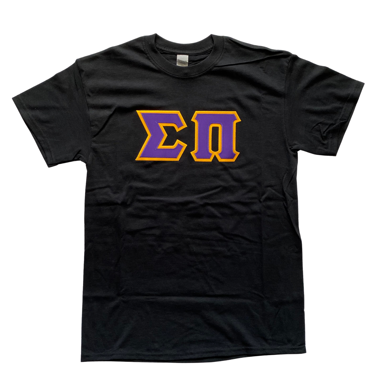 Sigma Pi Stitched Letter T-Shirt | Purple Letters with Gold Border