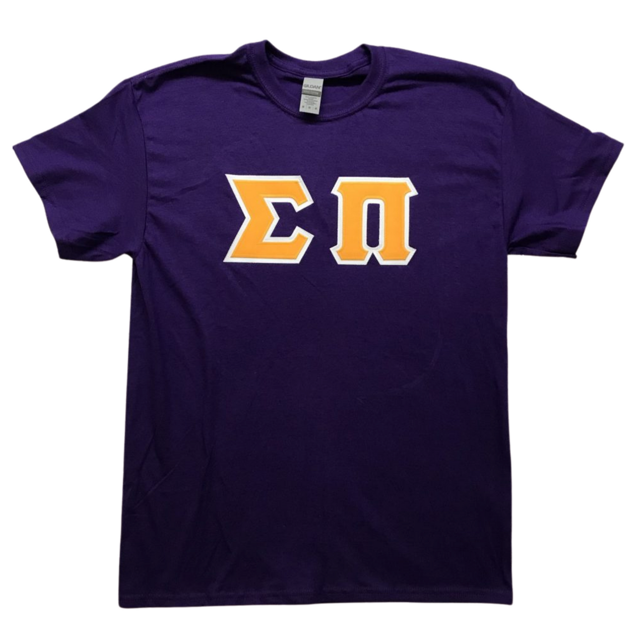 Sigma Pi Stitched Letter T-Shirt | Gold Letters with White Border