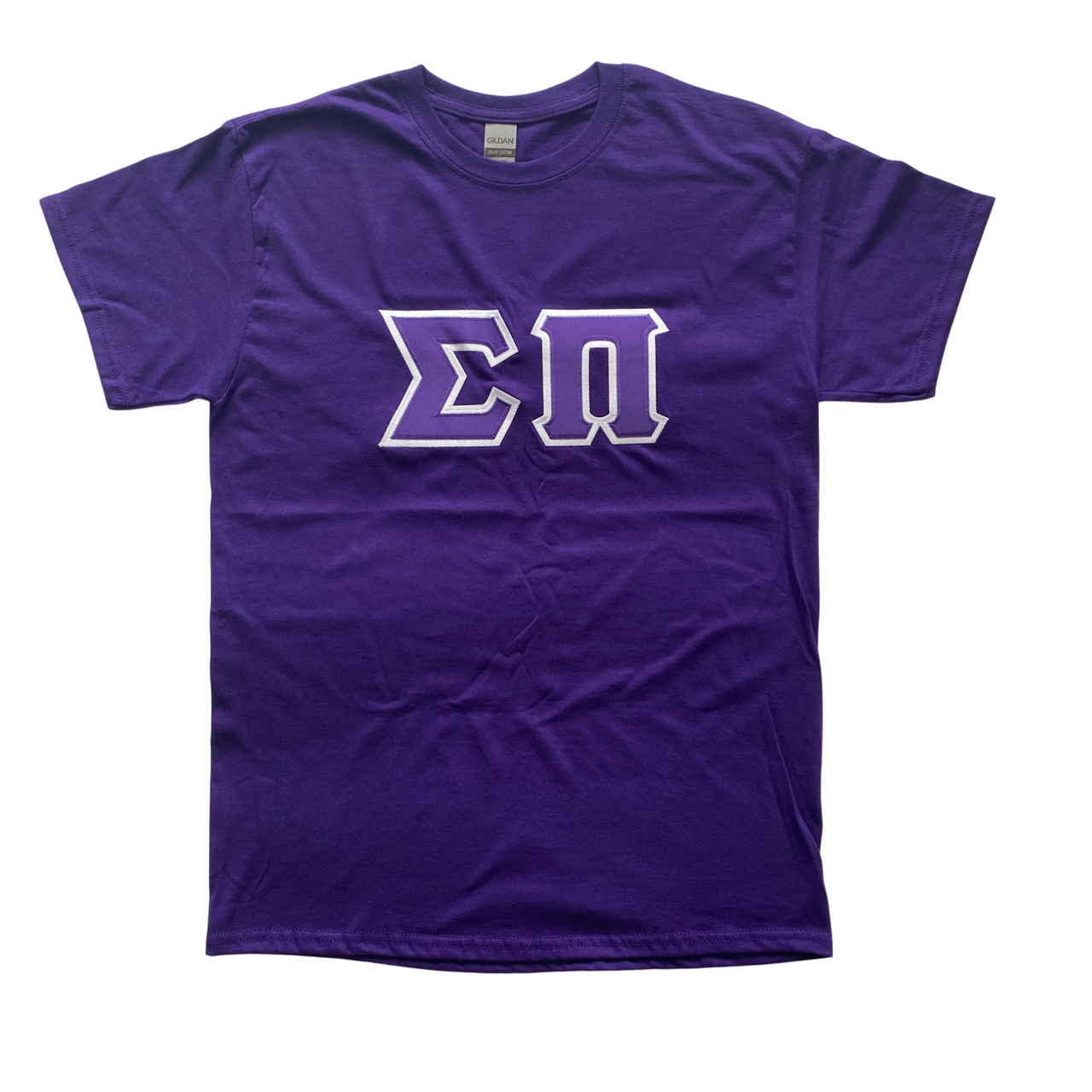 Sigma Pi Stitched Letter T-Shirt | Purple Letters with a White Border