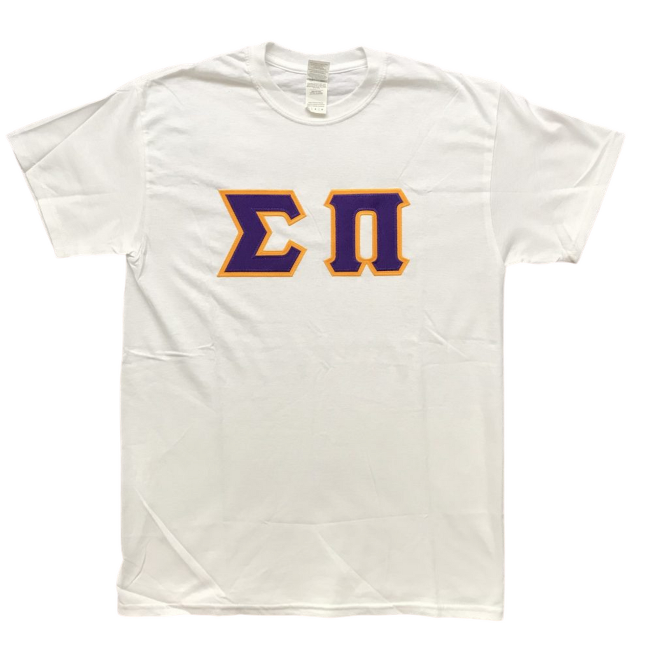 Sigma Pi Stitched Letter T-Shirt | Purple Letters with Gold Border