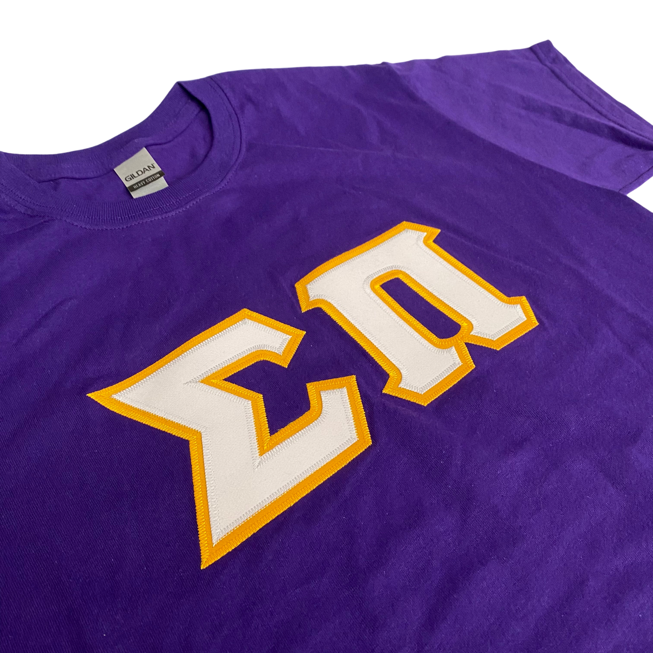 Sigma Pi Stitched Letter T-Shirt | White with Gold Border