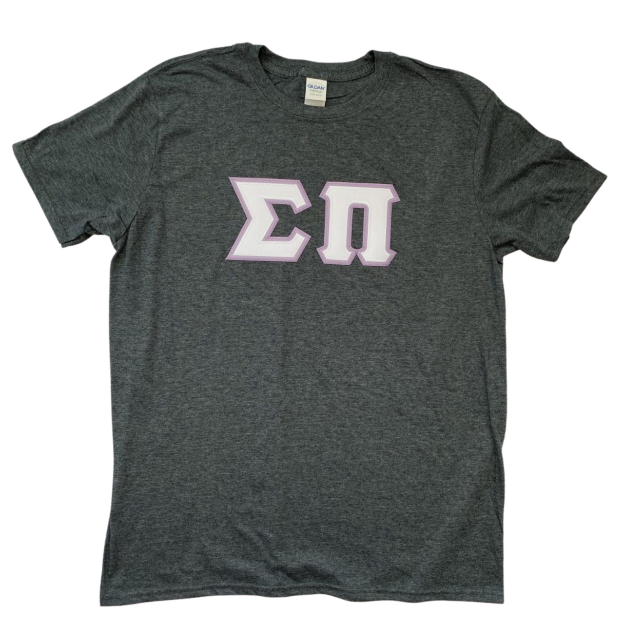 Sigma Pi Stitched Letters | White with Lilac Border