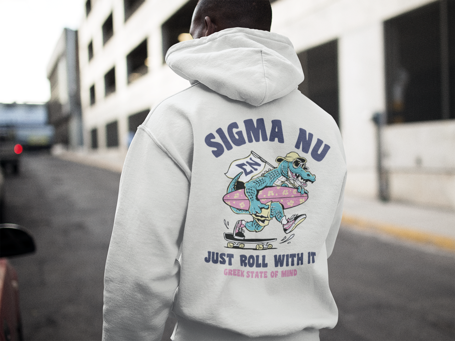 White Sigma Nu Graphic Hoodie | Alligator Skater | Sigma Nu Clothing, Apparel and Merchandise model 