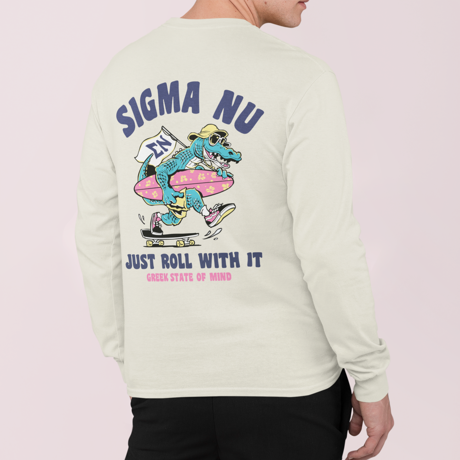 White Sigma Nu Graphic Long Sleeve | Alligator Skater | Sigma Nu Clothing, Apparel and Merchandise back model 