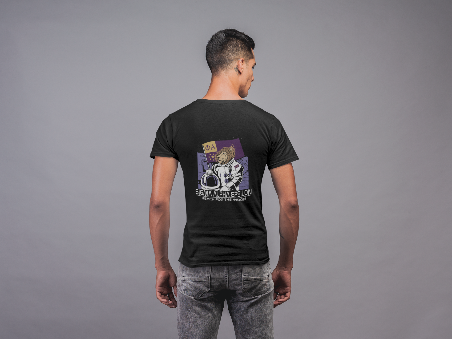 Sigma Alpha Epsilon | Space Lion Graphic T-Shirt | Sigma Alpha Epsilon Clothing and Merchandise back model 