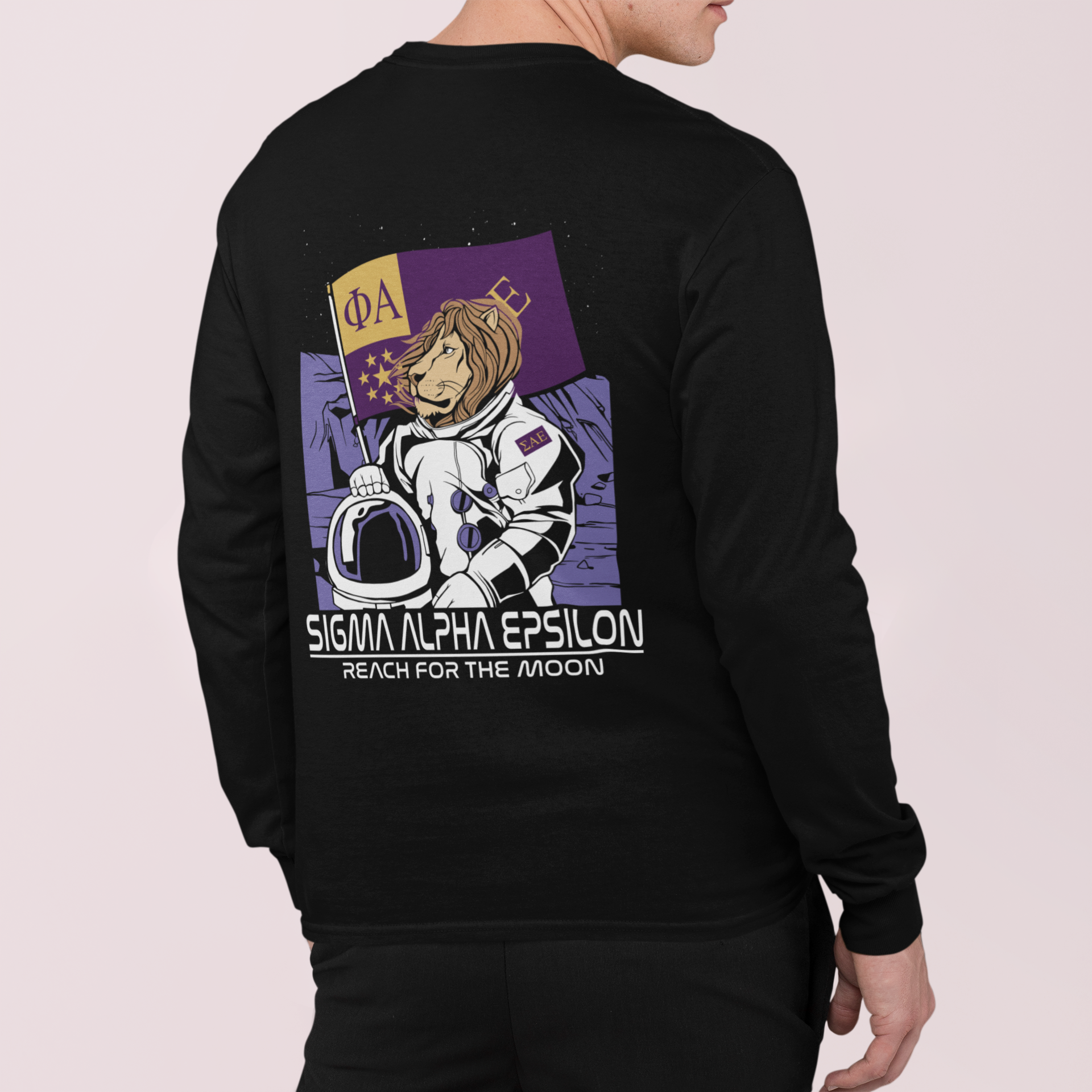 Black Sigma Alpha Epsilon Graphic Long Sleeve T-Shirt | Space Lion | Sigma Alpha Epsilon Clothing and Merchandise model 