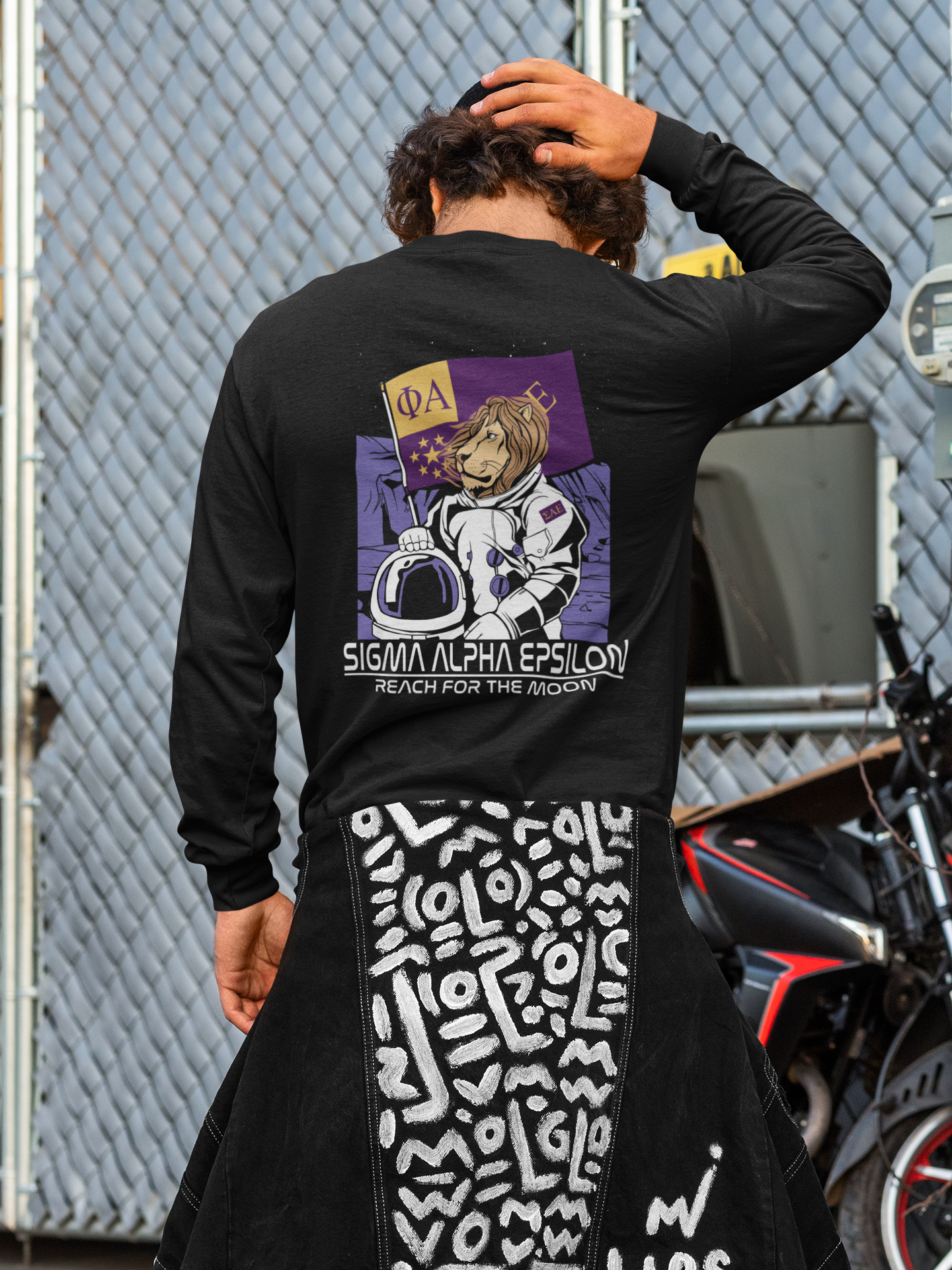 Sigma Alpha Epsilon Graphic Long Sleeve T-Shirt | Space Lion | Sigma Alpha Epsilon Clothing and Merchandise model 