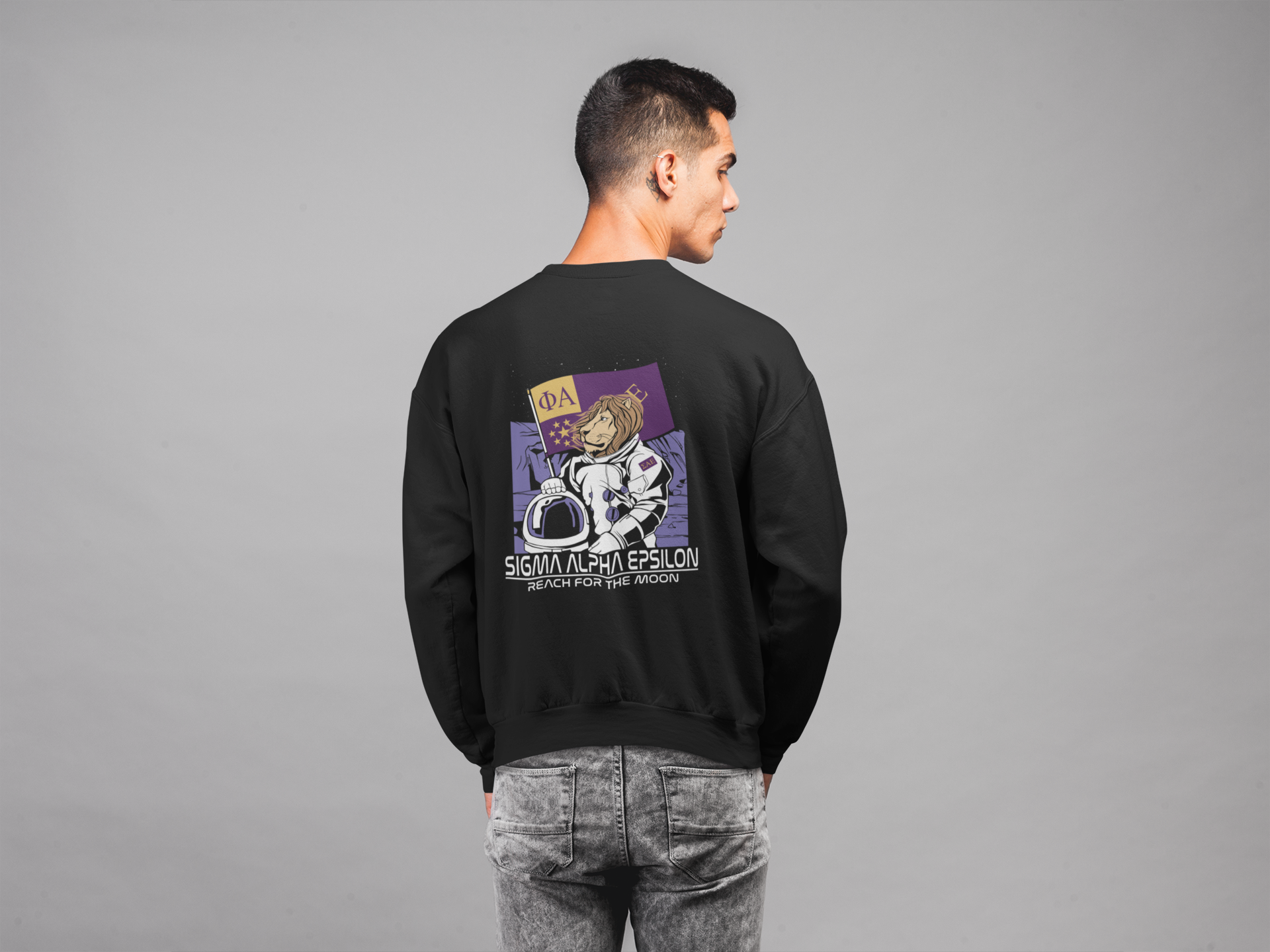 Black Sigma Alpha Epsilon Graphic Crewneck Sweatshirt | Space Lion | Sigma Alpha Epsilon Clothing and Merchandise model 