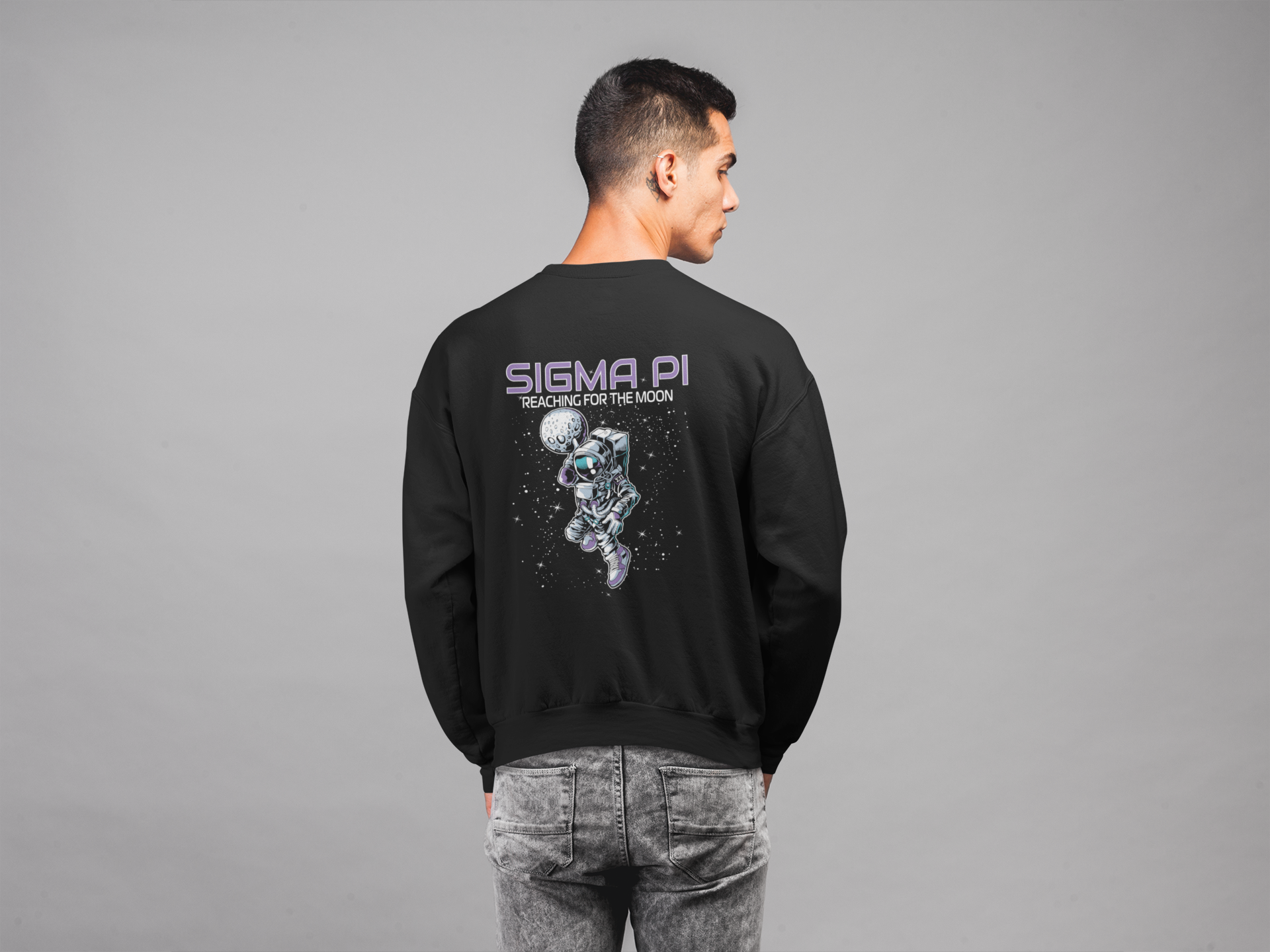 Black  Sigma Pi Graphic Crewneck Sweatshirt | Space Baller | Sigma Pi Apparel and Merchandise model 