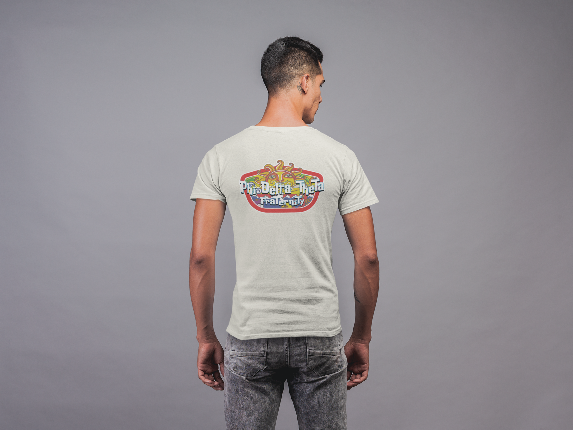 white Phi Delta Theta Graphic T-Shirt | Summer Sol | phi delta theta fraternity greek apparel back model 