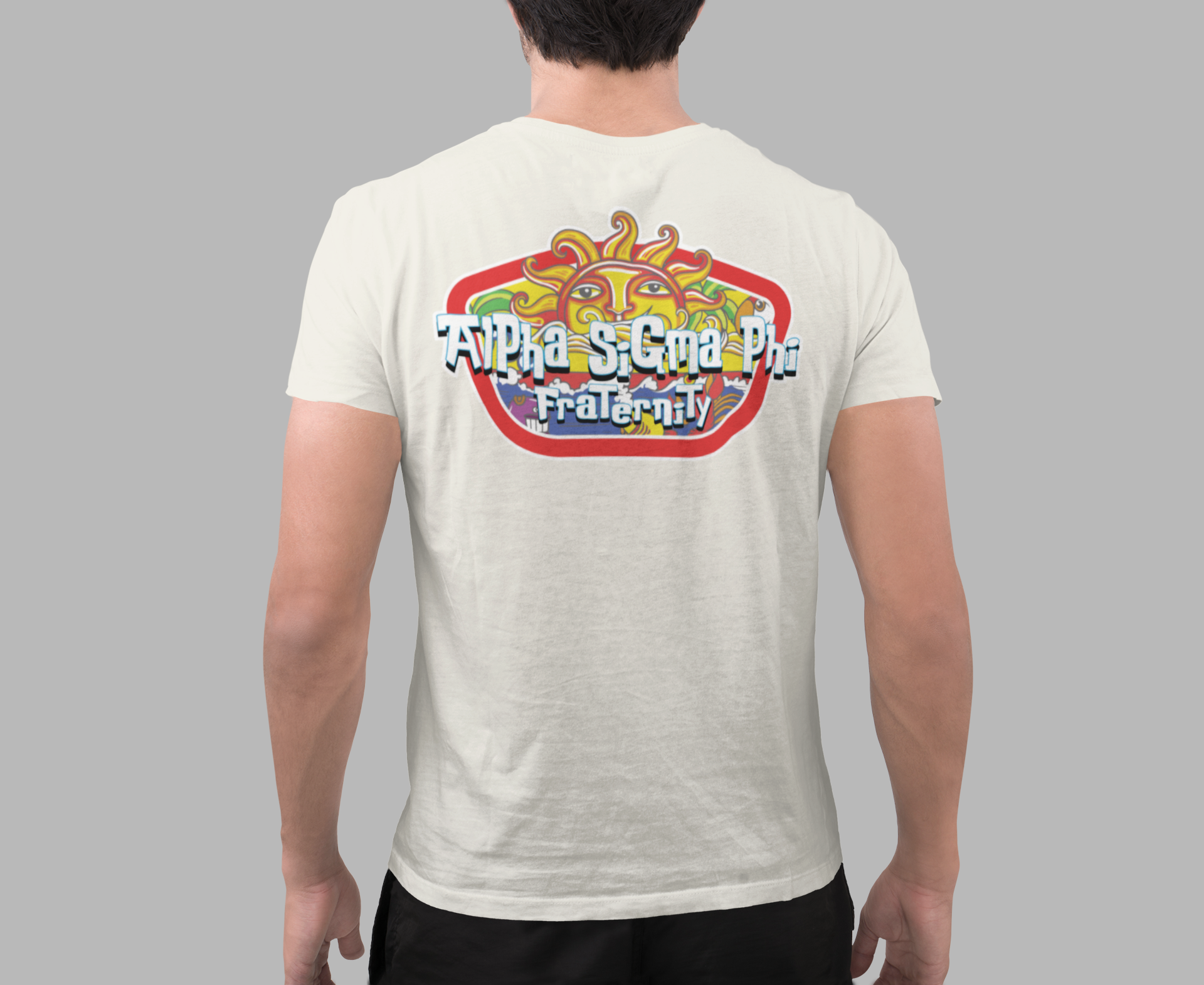 Alpha Sigma Phi Graphic T-Shirt | Summer Sol | Alpha Sigma Phi Clothing back model 