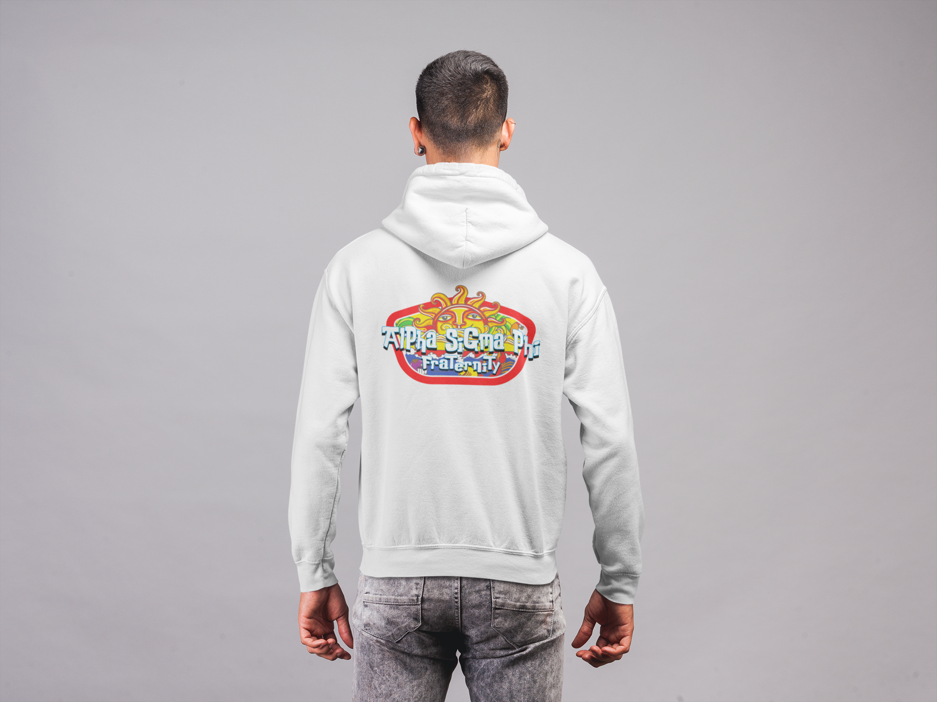 white Alpha Sigma Phi Graphic Hoodie | Summer Sol | Alpha Sigma Phi Fraternity Clothing back model 